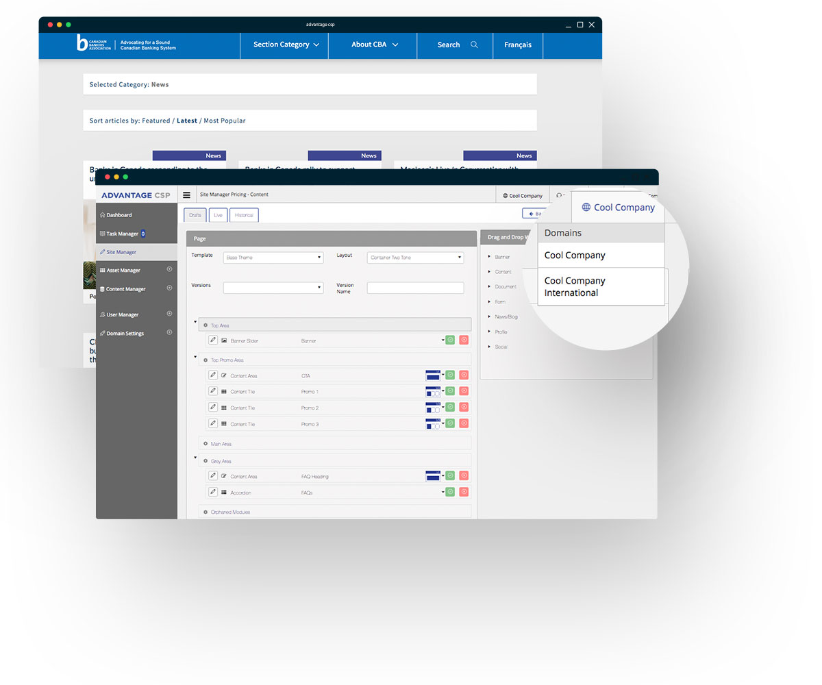 Screenshot of Advantage CSP's backend, illustrating the multi-site functionality of the CMS